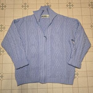 Aran Crafts Ireland Men's 100% Merino Wool Blue Fisherman Full-Zip Cardigan -L